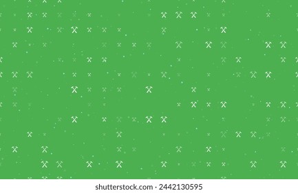 Seamless background pattern of evenly spaced white crossed hammers symbols of different sizes and opacity. Vector illustration on green background with stars