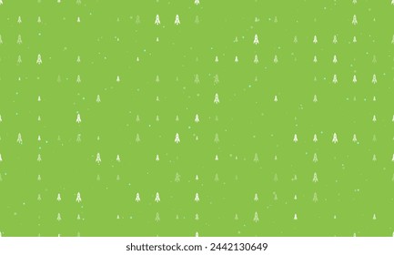 Seamless background pattern of evenly spaced white rockets of different sizes and opacity. Vector illustration on light green background with stars