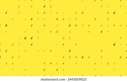 Seamless background pattern of evenly spaced black wild giraffe symbols of different sizes and opacity. Vector illustration on yellow background with stars