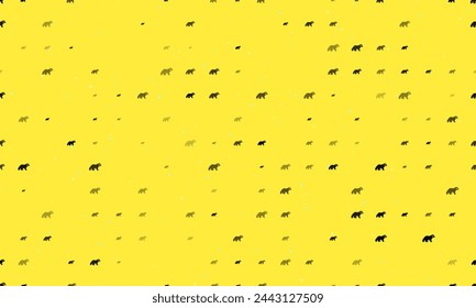 Seamless background pattern of evenly spaced black raccoon symbols of different sizes and opacity. Vector illustration on yellow background with stars