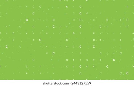 Seamless background pattern of evenly spaced white capital letter C symbols of different sizes and opacity. Vector illustration on light green background with stars