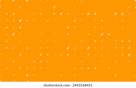 Seamless background pattern of evenly spaced white hare symbols of different sizes and opacity. Vector illustration on orange background with stars