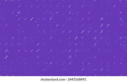 Seamless background pattern of evenly spaced white hammer symbols of different sizes and opacity. Vector illustration on deep purple background with stars