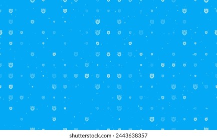 Seamless background pattern of evenly spaced white tiger head symbols of different sizes and opacity. Vector illustration on light blue background with stars