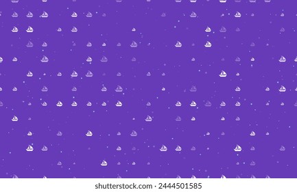 Seamless background pattern of evenly spaced white sailing boat symbols of different sizes and opacity. Vector illustration on deep purple background with stars