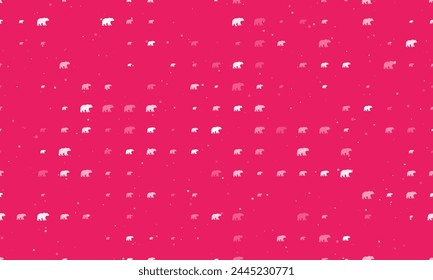 Seamless background pattern of evenly spaced white bear icons of different sizes and opacity. Vector illustration on pink background with stars