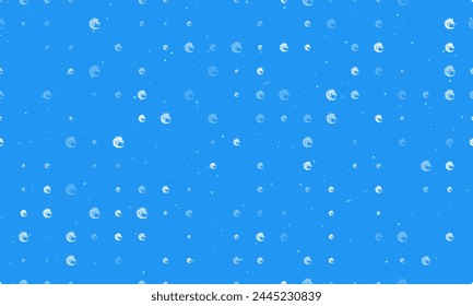 Seamless background pattern of evenly spaced white dragon's head symbols of different sizes and opacity. Vector illustration on blue background with stars