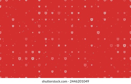 Seamless background pattern of evenly spaced white tiger head symbols of different sizes and opacity. Vector illustration on red background with stars