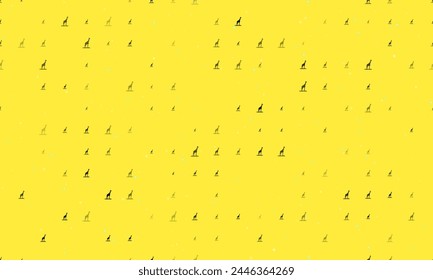 Seamless background pattern of evenly spaced black giraffe symbols of different sizes and opacity. Vector illustration on yellow background with stars