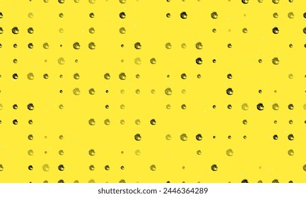 Seamless background pattern of evenly spaced black dragon's head symbols of different sizes and opacity. Vector illustration on yellow background with stars