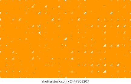 Seamless background pattern of evenly spaced white wild wolf symbols of different sizes and opacity. Vector illustration on orange background with stars