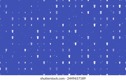 Seamless background pattern of evenly spaced white paper coffee cups of different sizes and opacity. Vector illustration on indigo background with stars