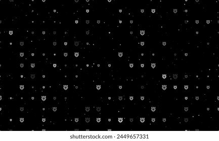 Seamless background pattern of evenly spaced white tiger head symbols of different sizes and opacity. Vector illustration on black background with stars