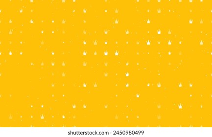 Seamless background pattern of evenly spaced white crown symbols of different sizes and opacity. Vector illustration on amber background with stars