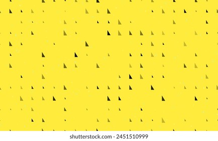 Seamless background pattern of evenly spaced black right triangle symbols of different sizes and opacity. Vector illustration on yellow background with stars