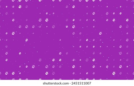 Seamless background pattern of evenly spaced white raccoon head symbols of different sizes and opacity. Vector illustration on purple background with stars
