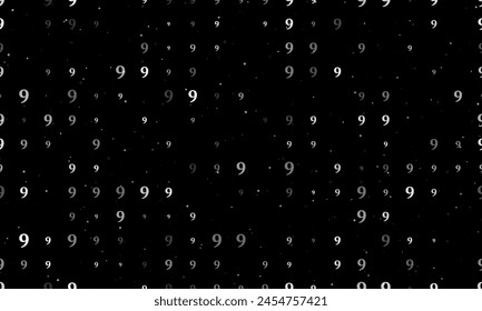 Seamless background pattern of evenly spaced white number nine symbols of different sizes and opacity. Vector illustration on black background with stars