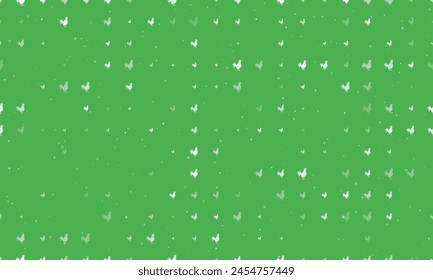 Seamless background pattern of evenly spaced white rooster symbols of different sizes and opacity. Vector illustration on green background with stars
