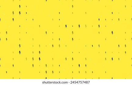 Seamless background pattern of evenly spaced black ballerina symbols of different sizes and opacity. Vector illustration on yellow background with stars