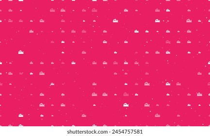 Seamless background pattern of evenly spaced white electric plane symbols of different sizes and opacity. Vector illustration on pink background with stars