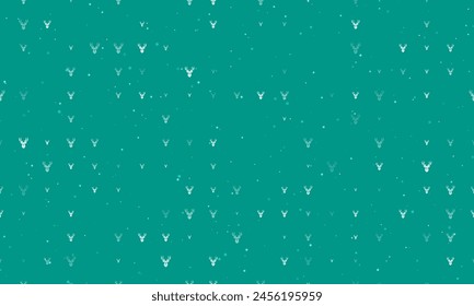 Seamless background pattern of evenly spaced white deer head symbols of different sizes and opacity. Vector illustration on teal background with stars