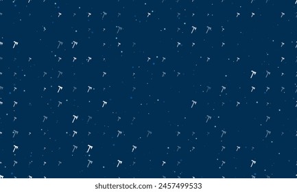 Patrón de fondo sin fisuras de símbolos de hacha blanca uniformemente espaciados de diferentes tamaños y opacidad. Ilustración vectorial sobre fondo azul oscuro con estrellas