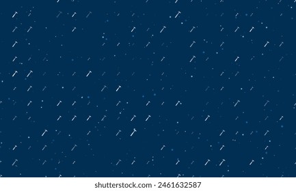 Seamless background pattern of evenly spaced white hammer symbols of different sizes and opacity. Vector illustration on dark blue background with stars