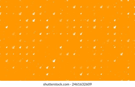 Seamless background pattern of evenly spaced white raccoon symbols of different sizes and opacity. Vector illustration on orange background with stars