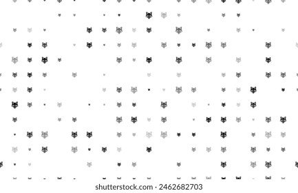 Seamless background pattern of evenly spaced black fox's head symbols of different sizes and opacity. Vector illustration on white background