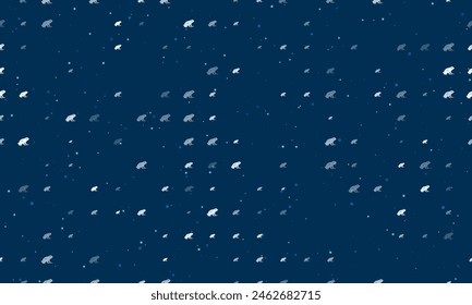 Seamless background pattern of evenly spaced white frog symbols of different sizes and opacity. Vector illustration on dark blue background with stars