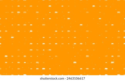 Seamless background pattern of evenly spaced white wild rhino symbols of different sizes and opacity. Vector illustration on orange background with stars