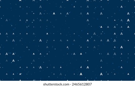 Seamless background pattern of evenly spaced white capital letter A symbols of different sizes and opacity. Vector illustration on dark blue background with stars