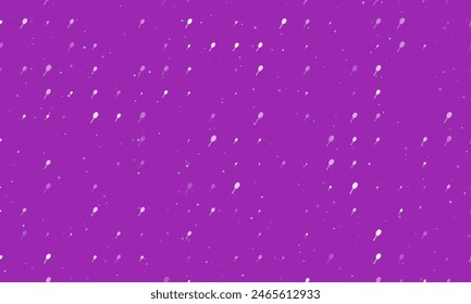 Seamless background pattern of evenly spaced white tennis racket symbols of different sizes and opacity. Vector illustration on purple background with stars