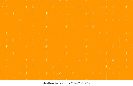Seamless background pattern of evenly spaced white dancing girl symbols of different sizes and opacity. Vector illustration on orange background with stars