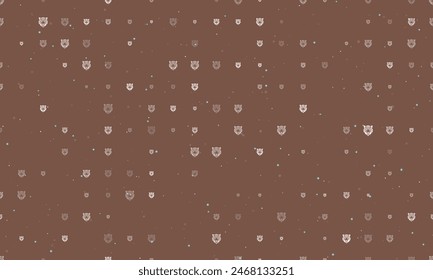 Seamless background pattern of evenly spaced white tiger head symbols of different sizes and opacity. Vector illustration on brown background with stars