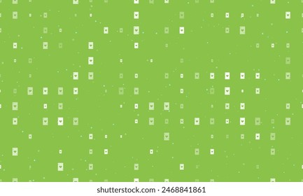 Seamless background pattern of evenly spaced white ace of heart cards of different sizes and opacity. Vector illustration on light green background with stars