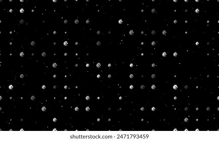 Seamless background pattern of evenly spaced white dragon's head symbols of different sizes and opacity. Vector illustration on black background with stars