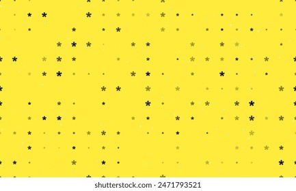 Seamless background pattern of evenly spaced black multiply symbols of different sizes and opacity. Vector illustration on yellow background with stars