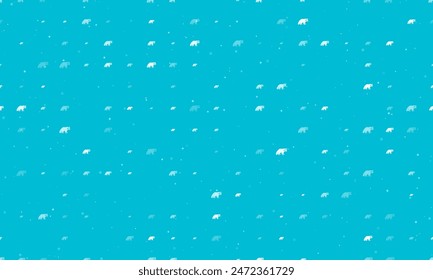 Seamless background pattern of evenly spaced white raccoon symbols of different sizes and opacity. Vector illustration on cyan background with stars