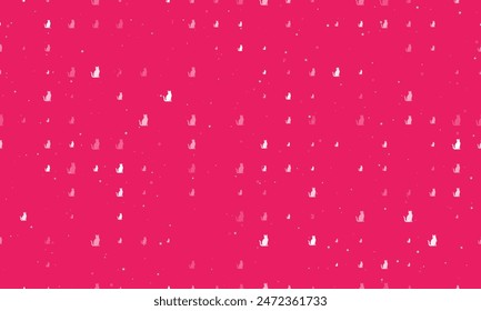 Seamless background pattern of evenly spaced white cat icons of different sizes and opacity. Vector illustration on pink background with stars