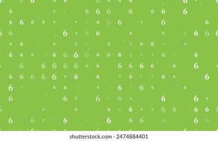 Seamless background pattern of evenly spaced white number six symbols of different sizes and opacity. Vector illustration on light green background with stars