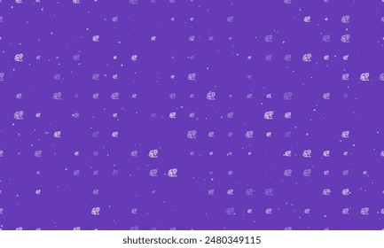 Seamless background pattern of evenly spaced white tiger symbols of different sizes and opacity. Vector illustration on deep purple background with stars