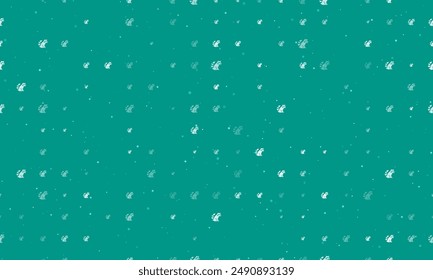 Seamless background pattern of evenly spaced white raccoon symbols of different sizes and opacity. Vector illustration on teal background with stars