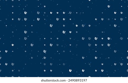 Seamless background pattern of evenly spaced white squirrel symbols of different sizes and opacity. Vector illustration on dark blue background with stars