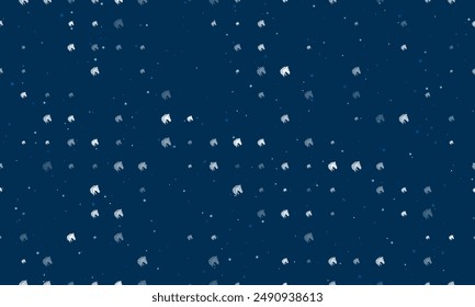 Seamless background pattern of evenly spaced white horse's head symbols of different sizes and opacity. Vector illustration on dark blue background with stars