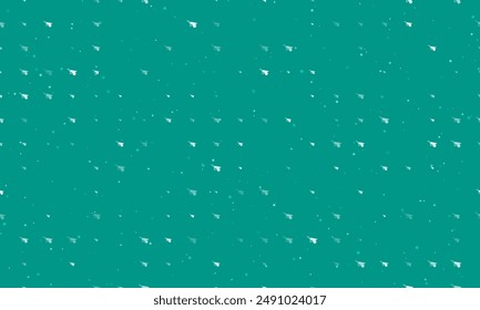 Seamless background pattern of evenly spaced white garden wheelbarrow symbols of different sizes and opacity. Vector illustration on teal background with stars