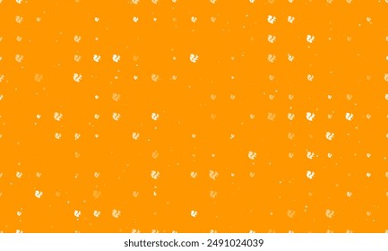 Seamless background pattern of evenly spaced white squirrel symbols of different sizes and opacity. Vector illustration on orange background with stars