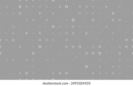 Seamless background pattern of evenly spaced white curly brackets symbols of different sizes and opacity. Vector illustration on gray background with stars