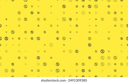 Seamless background pattern of evenly spaced black pedestrian traffic prohibited signs of different sizes and opacity. Vector illustration on yellow background with stars