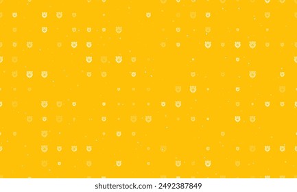 Seamless background pattern of evenly spaced white tiger head symbols of different sizes and opacity. Vector illustration on amber background with stars